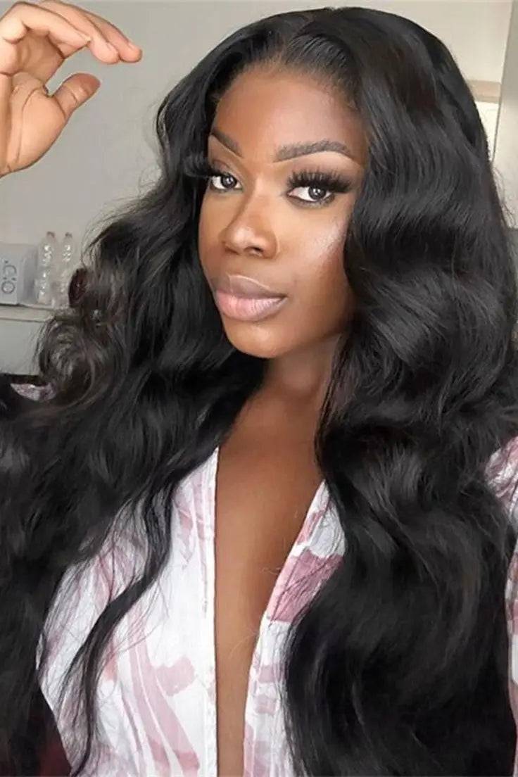 HD Swiss Lace 13*4 Body Wave Human Hair Wig in natural black, styled on a model with soft waves and a seamless hairline for a natural look.