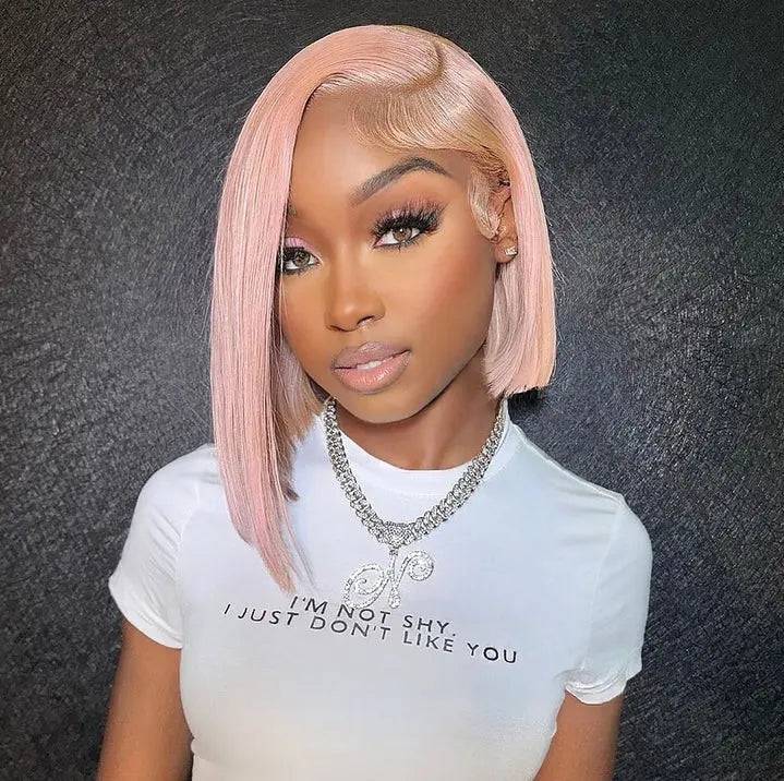 Light pink straight short bob transparent lace frontal wig with a sleek finish, styled with baby hairs for a natural look.