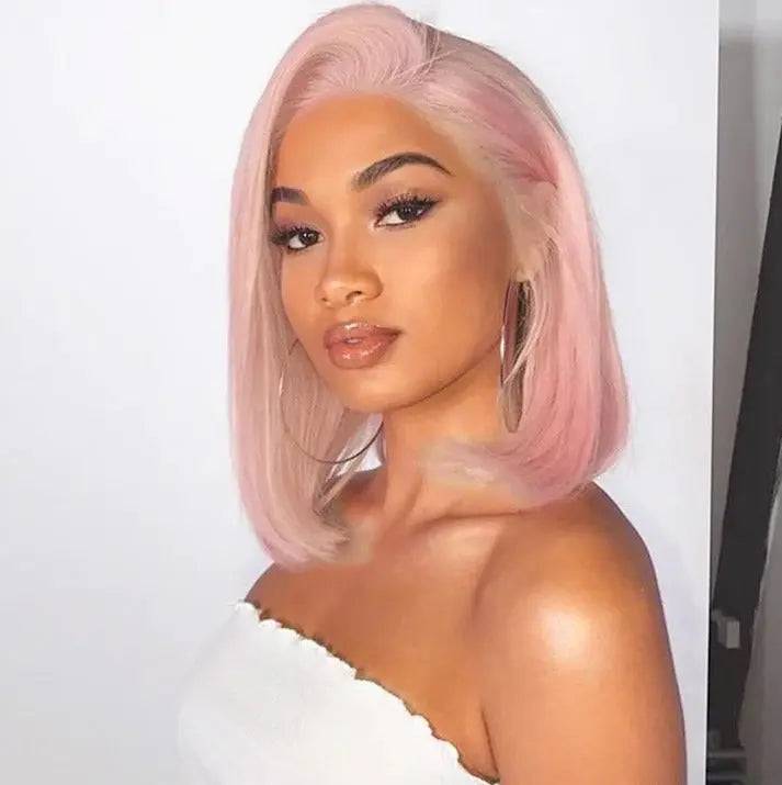 Light pink straight bob lace frontal wig with a soft, silky texture, offering a stylish and modern appearance.