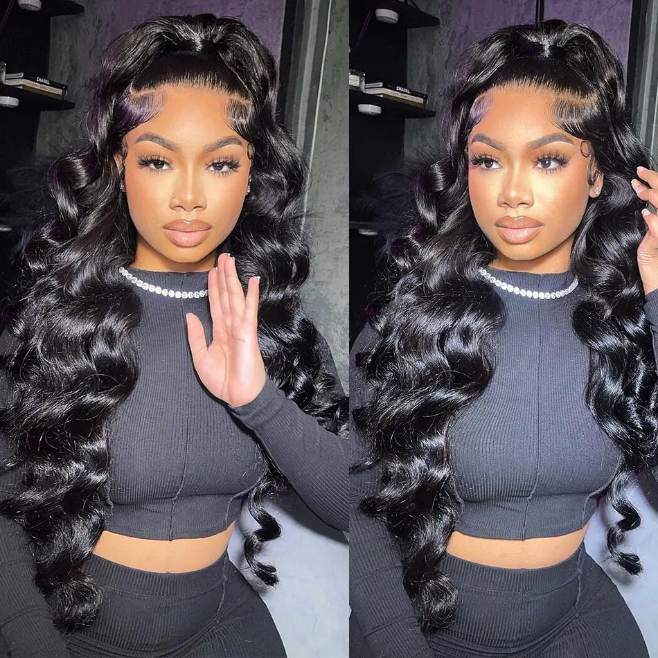Loose Deep Wave 13x4 Transparent Lace Frontal Wig styled in voluminous curls on a model. Natural black, 100% human hair with a pre-bleached lace front.