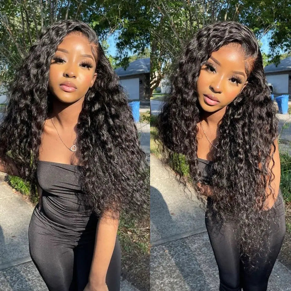 Loose Deep Wave 13x4 Transparent Lace Frontal Wig worn by a model outdoors. Natural black, 180% density, undetectable HD lace for a seamless look.