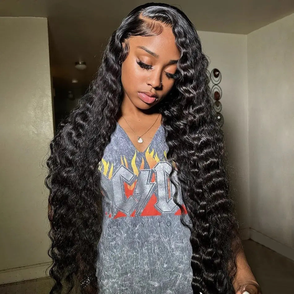 Loose Deep Wave Undetectable HD Lace Frontal Hair in natural black, styled on a model for a flawless, seamless look. Pre-bleached and 180% density for volume.