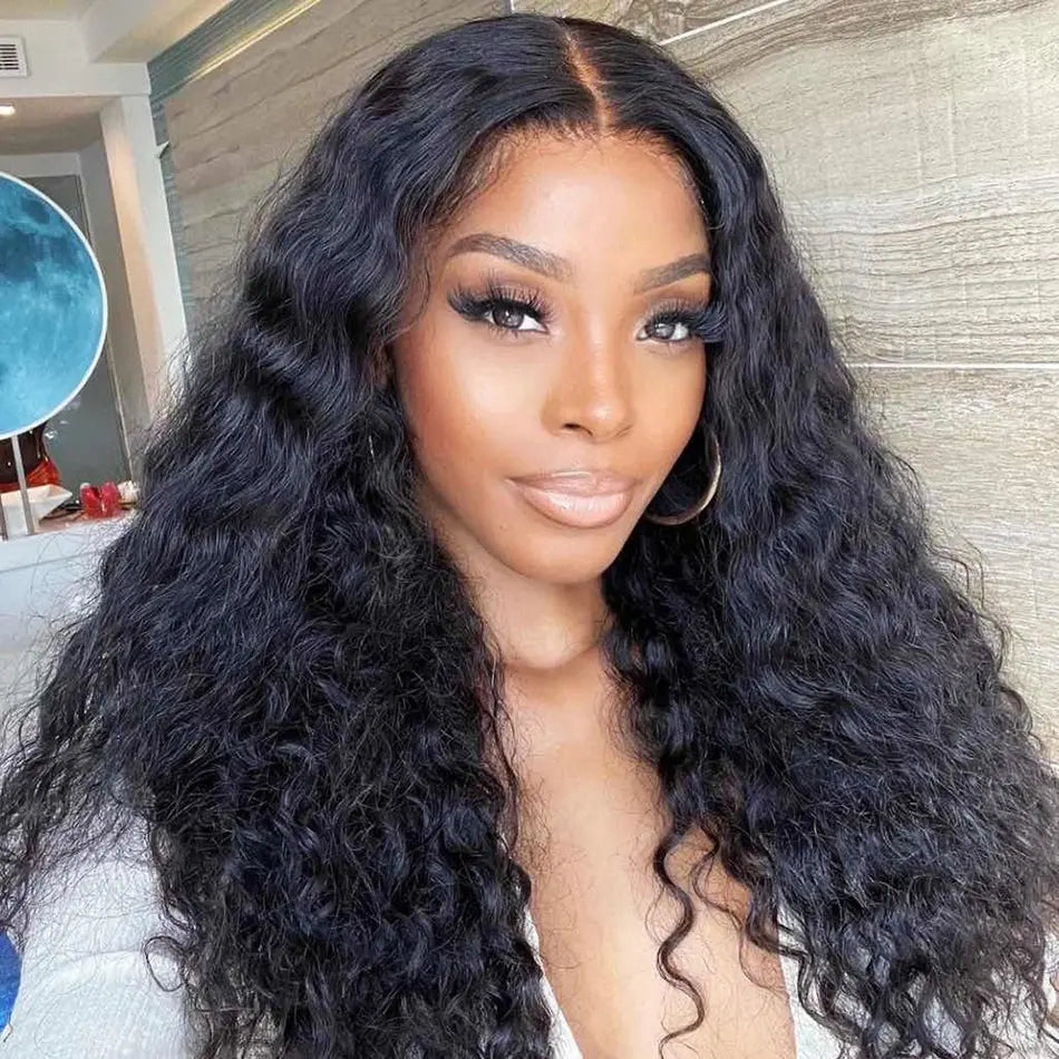 Loose Deep Wave Undetectable HD Lace Frontal Hair with a natural black shade, styled on a model. Features a breathable HD lace for a realistic hairline.