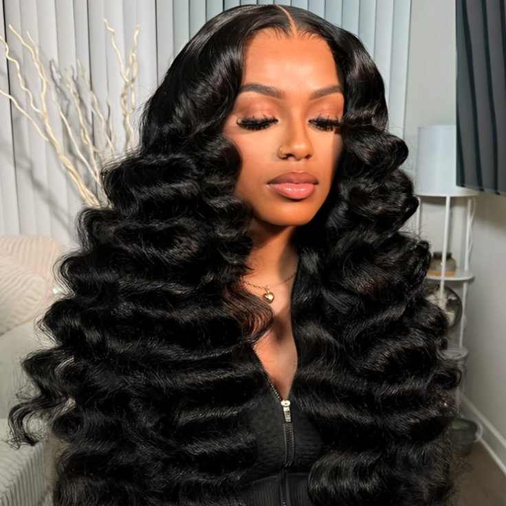 Woman with voluminous black hair styled in loose curls indoors.
