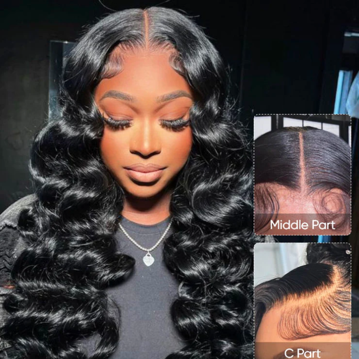 Woman with styled hair and close-up insets showing hair parting options.