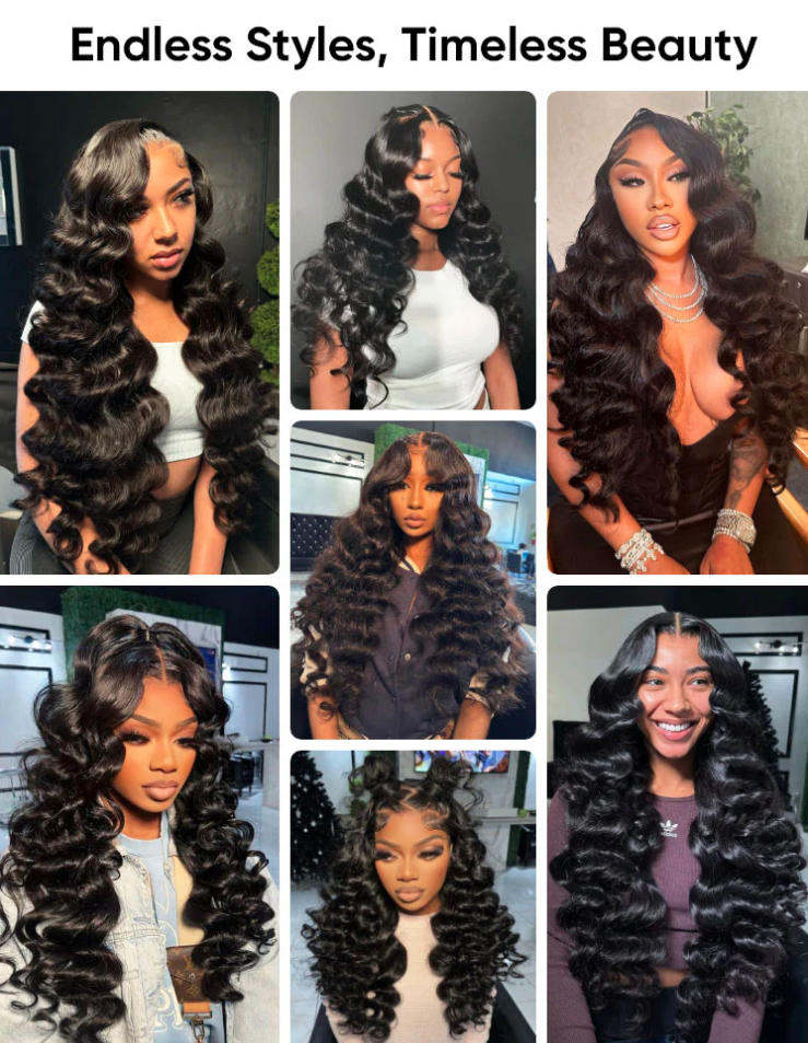 Collage of women wearing wigs with text 'Endless Styles, Timeless Beauty'.