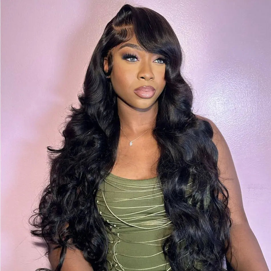 Natural black body wave 13x6 transparent lace virgin hair wig styled on a woman with long, voluminous curls.