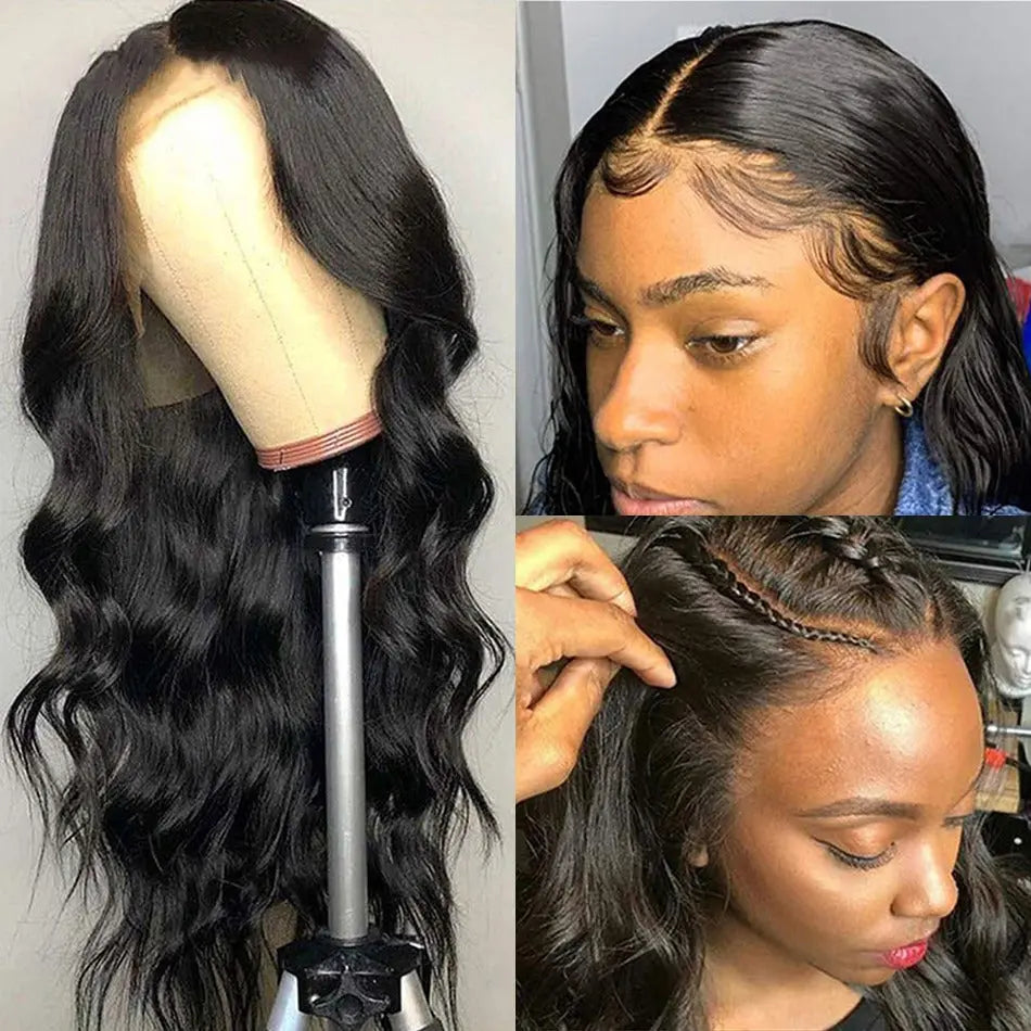 Close-up of a natural black body wave 13x6 transparent lace wig on a mannequin and worn by a model with sleek styling.