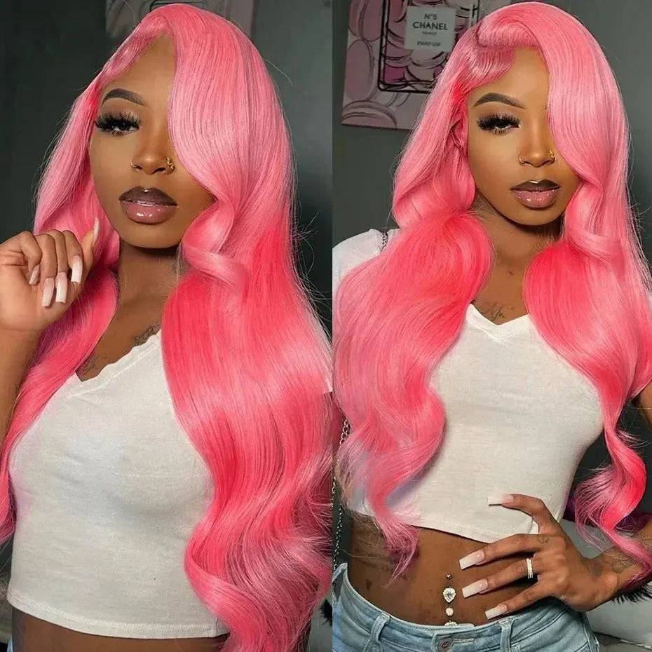 Pink body wave pre-plucked middle part transparent lace frontal wig in 26-inch length. Made from 100% human hair with 180% density for a voluminous look.