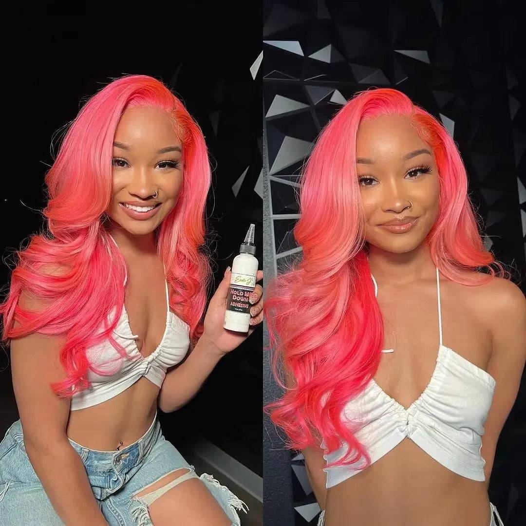 Pink body wave pre-plucked middle part transparent lace frontal wig in 26-inch length. Made from 100% human hair with 180% density for a voluminous look.