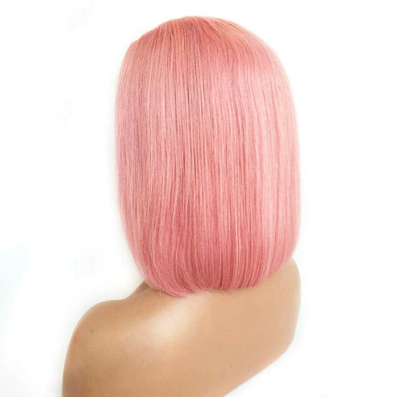 Light pink straight short bob transparent lace frontal wig with a sleek finish, styled with baby hairs for a natural look.