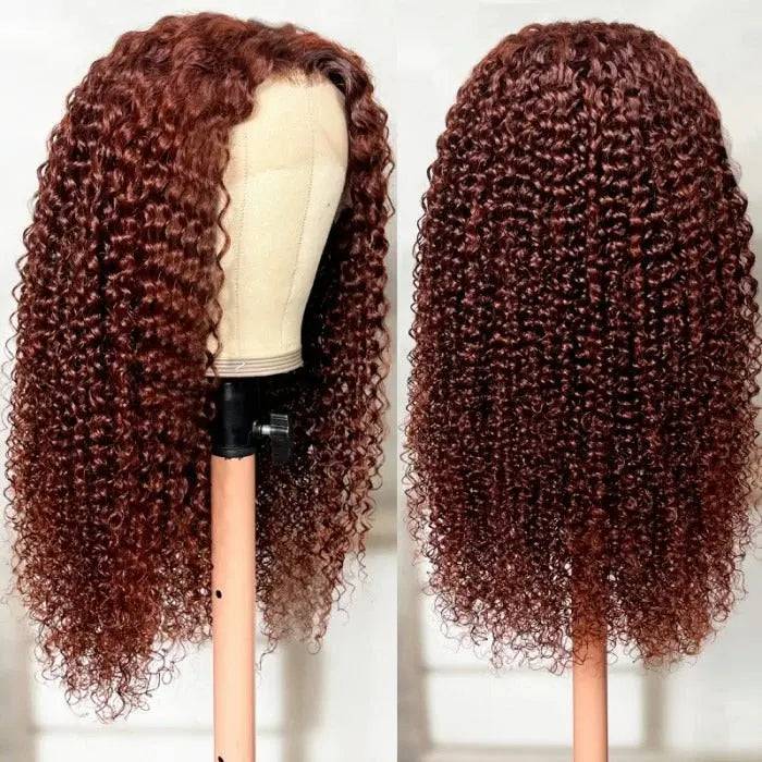 Reddish brown Jerry Curl glueless HD closure wig displayed on a mannequin, highlighting its curly texture and lace front.