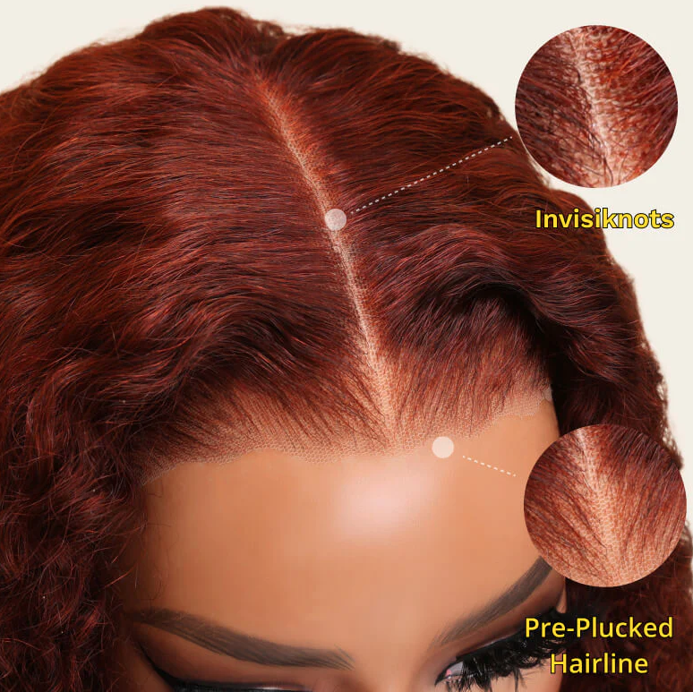 Close-up of a wig with pre-plucked hairline and Invisiknots branding.