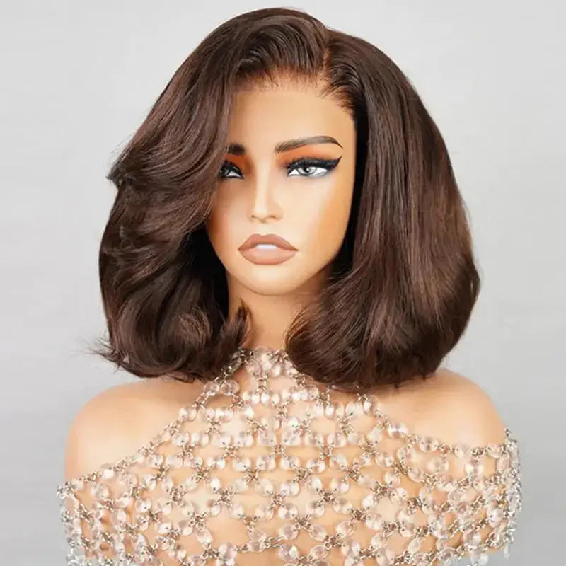 Short Hair Bob Chocolate Brown Pre Cut HD Side Part Lace Wig BU HAIR LLC