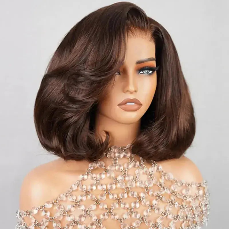 Short Hair Bob Chocolate Brown Pre Cut HD Side Part Lace Wig BU HAIR LLC