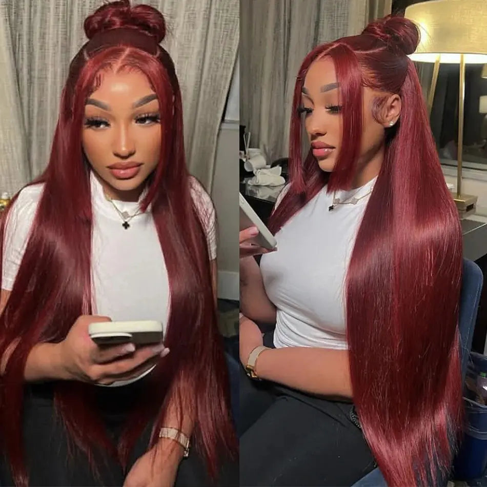 Straight 99J Burgundy Transparent Lace Human Hair Wig BU HAIR LLC
