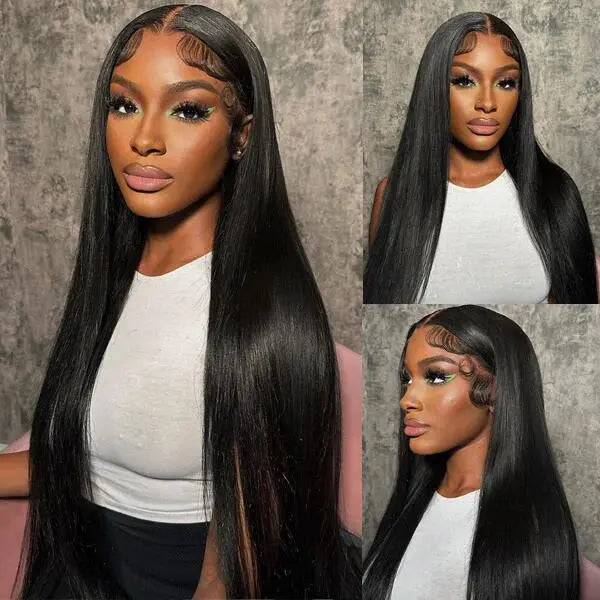 Transparent lace frontal 13x4 straight pre-bleached virgin hair wig in natural black, styled with sleek baby hairs for a flawless look.
