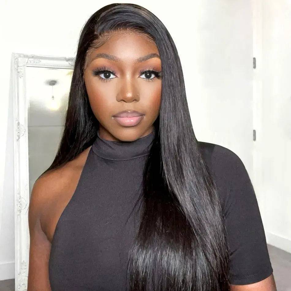 Pre-bleached transparent lace frontal wig with straight virgin human hair, featuring a natural black shade and a smooth, sleek finish.