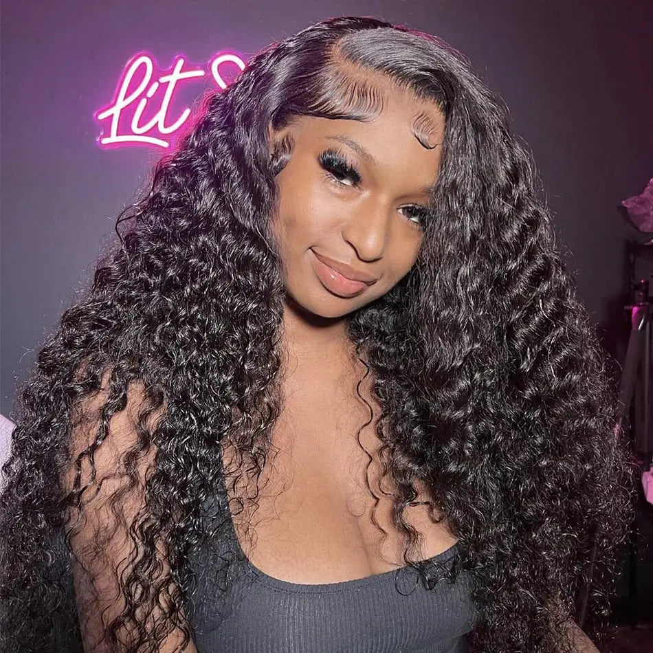 Water Wave 13x6 HD full lace frontal wig in natural black, featuring pre-bleached knots and 200% density for a voluminous, natural look.