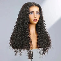 Water Wave Virgin HD Pre-Cut 7*5 Lace Pre-Bleached Knot Wig with natural black curls on a mannequin head, showcasing its voluminous texture.