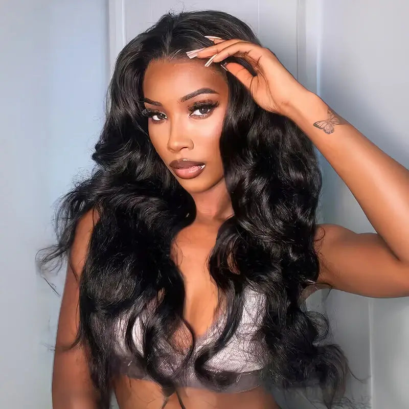 Luxury body wave glueless wig with 9*6 HD lace, offering a natural black color and undetectable hairline for effortless styling.