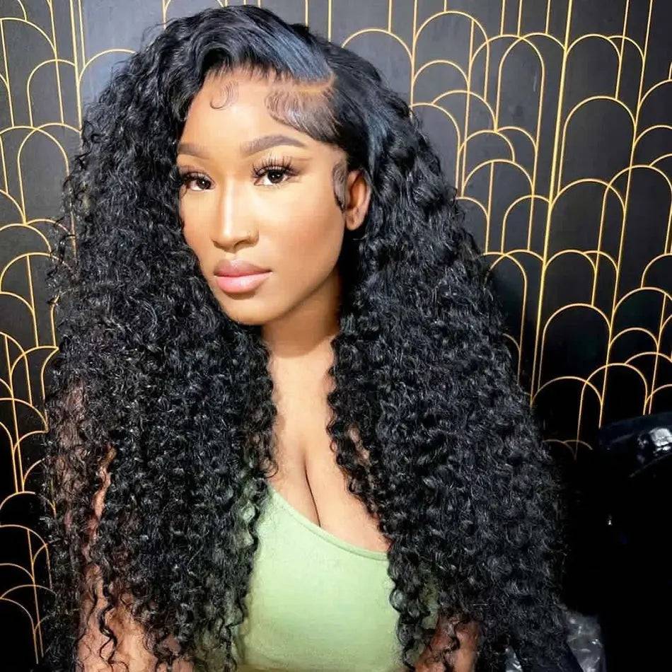 Model wearing Deep Wave HD Pre-Plucked 13x4 Lace Frontal Wig with voluminous deep curls and a natural-looking hairline.