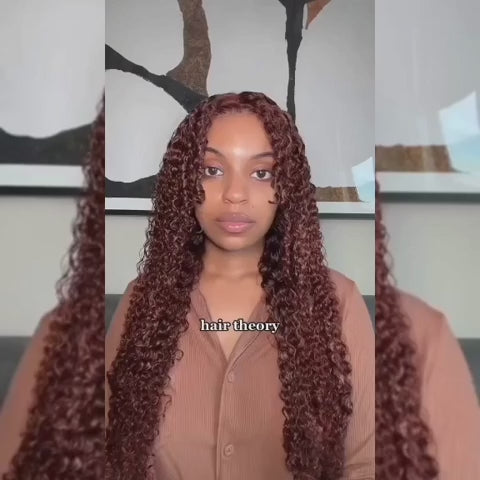 Video still of a model wearing a reddish brown Jerry Curl glueless HD closure wig, demonstrating its natural movement.