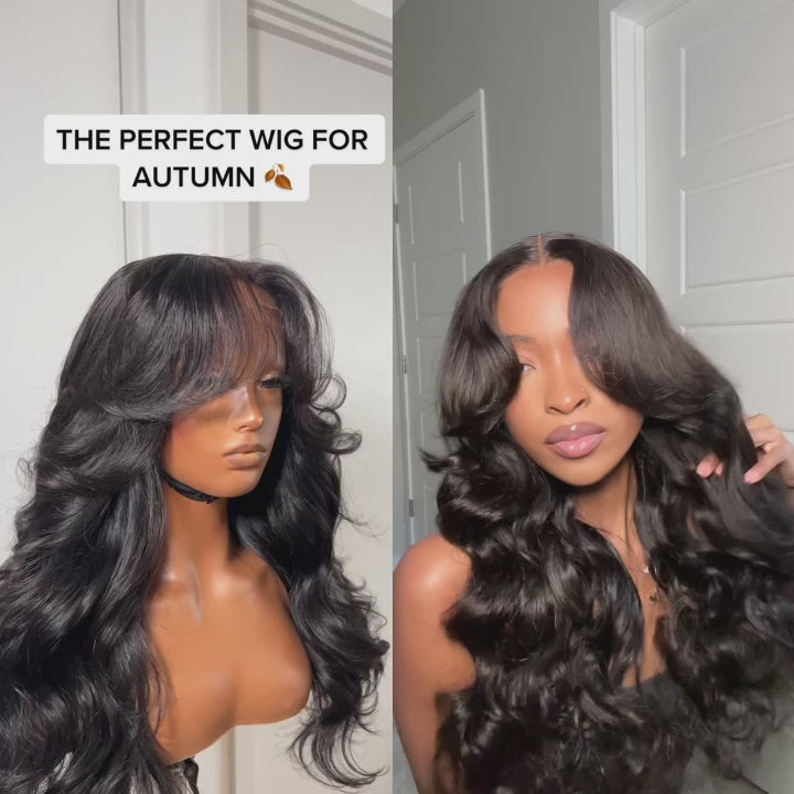 Side-by-side comparison of a natural black body wave wig on a mannequin and a model, showcasing its voluminous curls - BU HAIR.