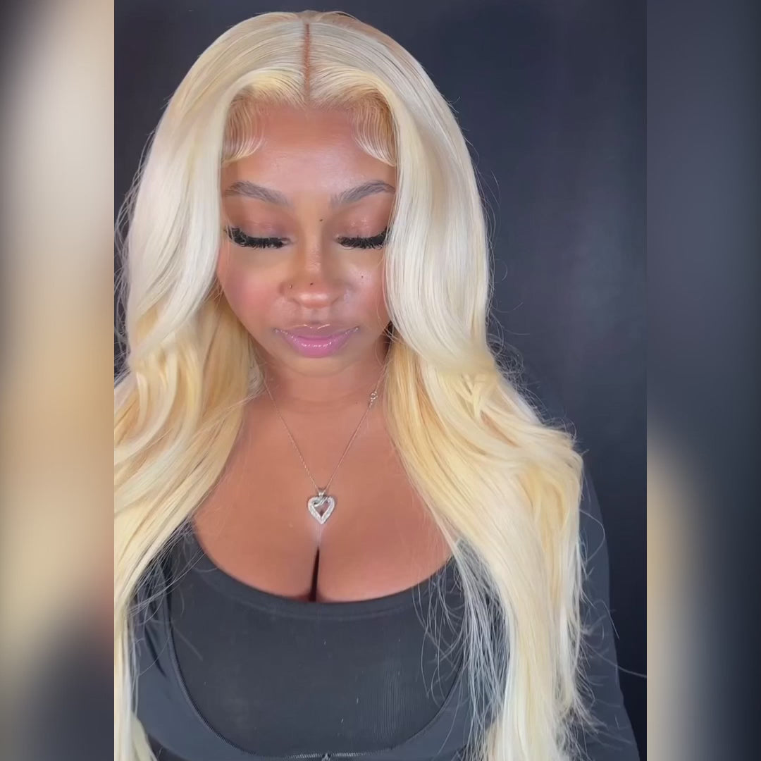 Pre-plucked 613 Blonde Body Wave HD Closure Wig with baby hair, styled in a sleek middle part for a flawless and natural finish - BU HAIR.