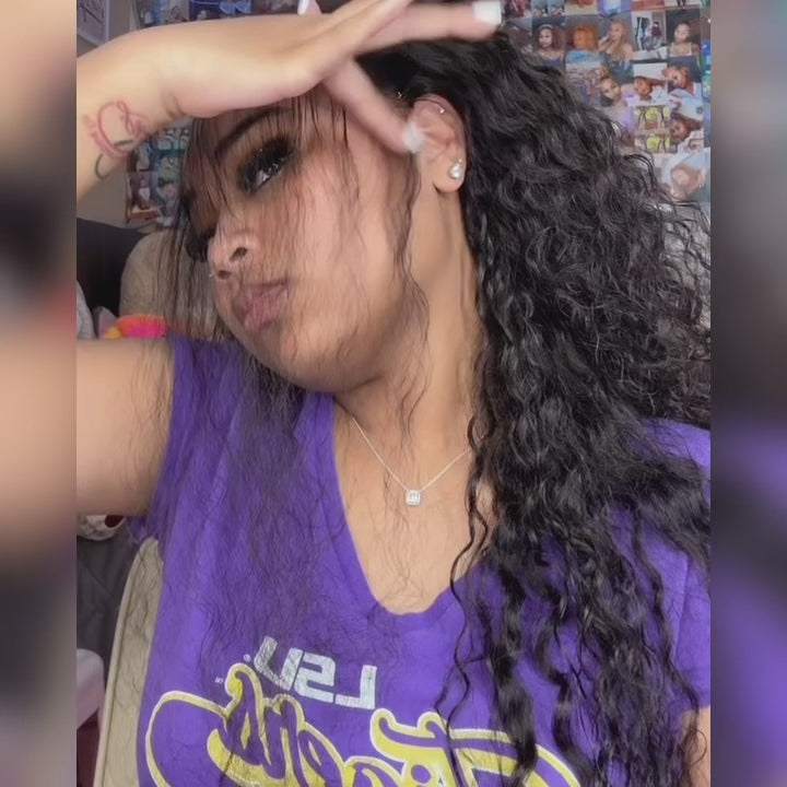 Model styling Deep Wave HD Pre-Plucked 13x4 Lace Frontal Wig, showing its natural black deep wave texture and pre-plucked hairline.