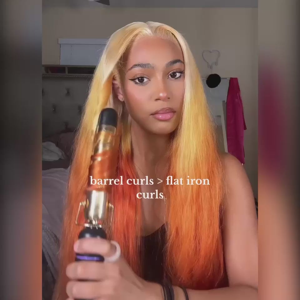 Model curling a body wave ombre blonde and orange lace pre-plucked wig with a barrel curler. 100% human hair, heat-resistant, HD lace.