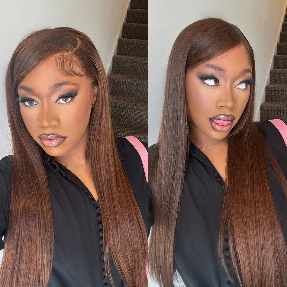 Model wearing a chocolate brown straight glueless wig, styled with a sleek finish and natural-looking hairline.