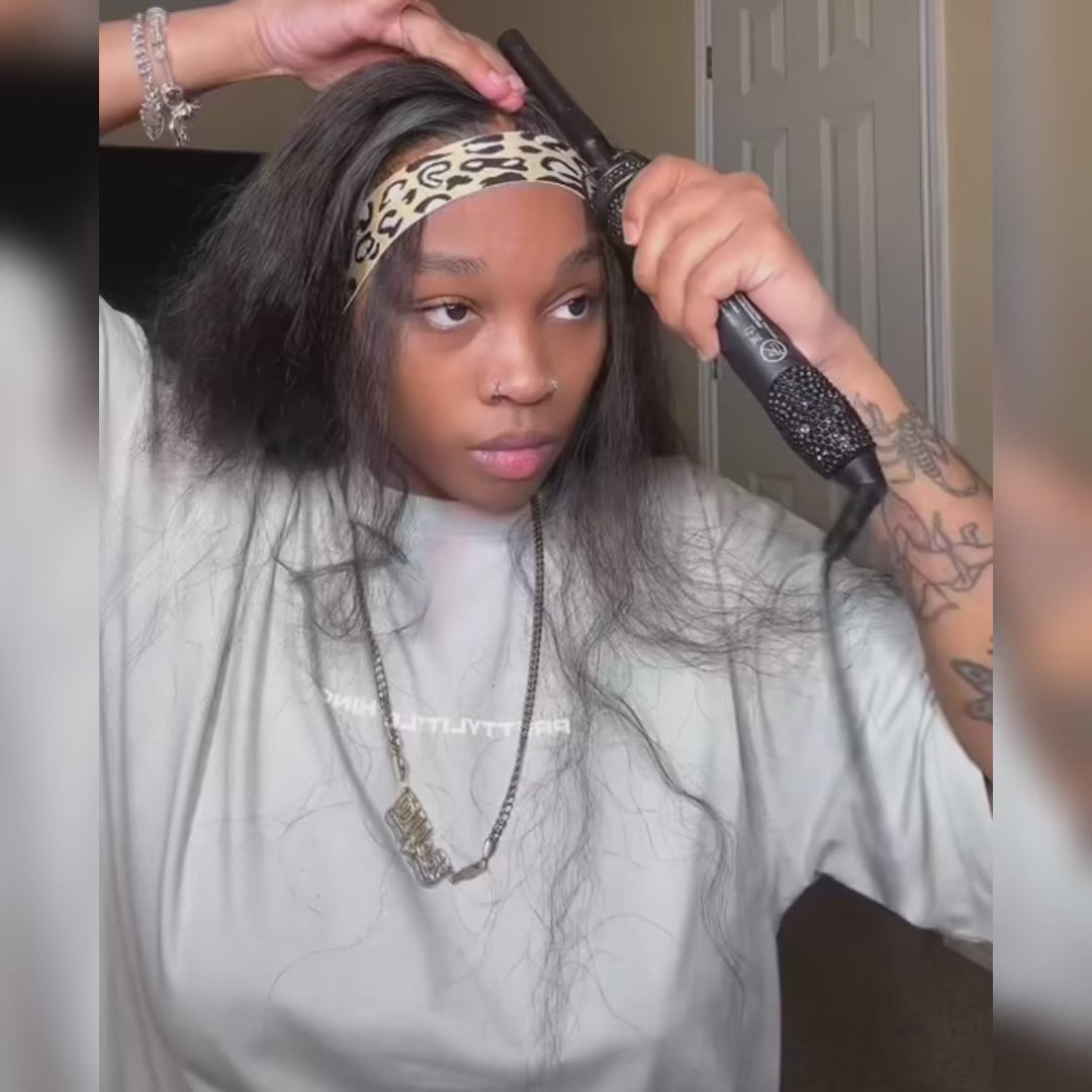 Woman styling the HD Swiss Lace 13*4 Body Wave Human Hair Wig with a flat iron, demonstrating its heat resistance and natural texture.