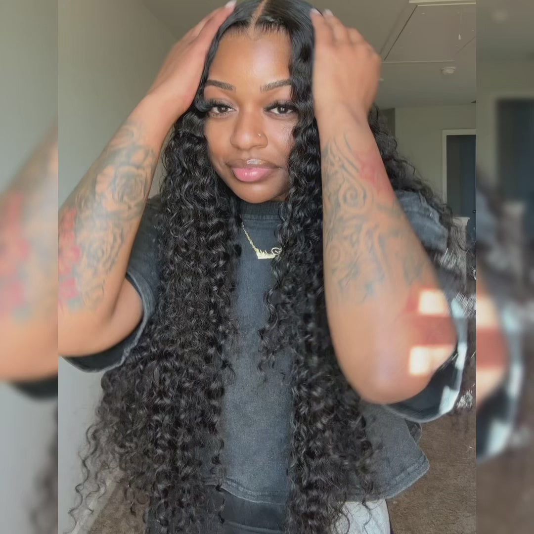 Long water wave HD lace frontal wig with pre-plucked hairline, offering a seamless and undetectable natural black style.