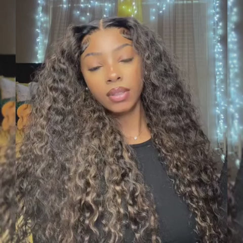 Long curly Glueless P1B-30 Highlight Wear & Go HD Wig styled on model, showcasing natural volume and highlighted strands for a glam look.